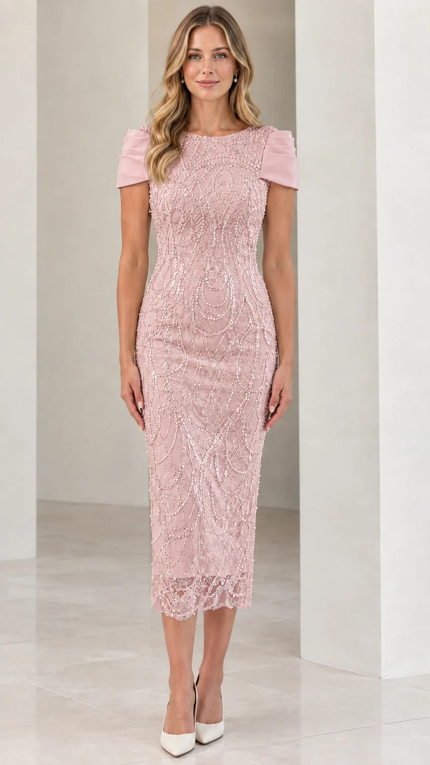 Front view of woman wearing Blush Pink embellished midi pencil dress