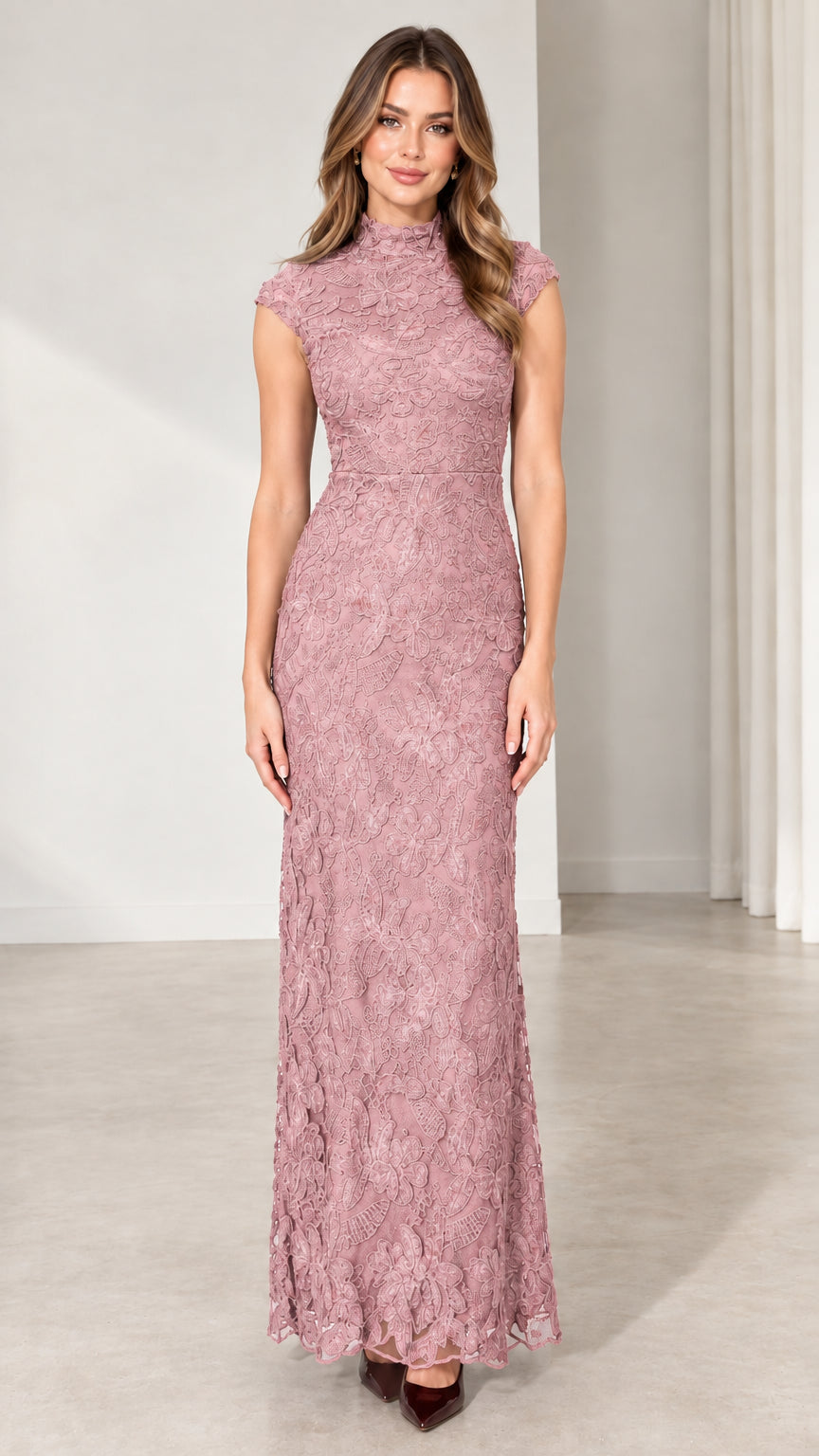 Front view of model wearing Dusty Rose floral lace column maxi dress