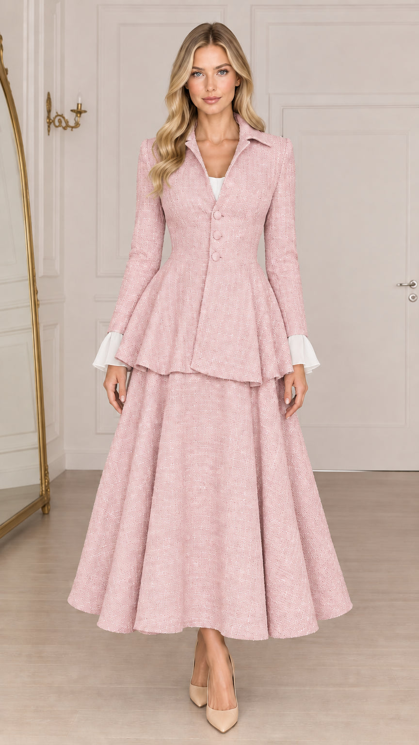 Dusty pink vintage style tweed peplum maxi dress front view