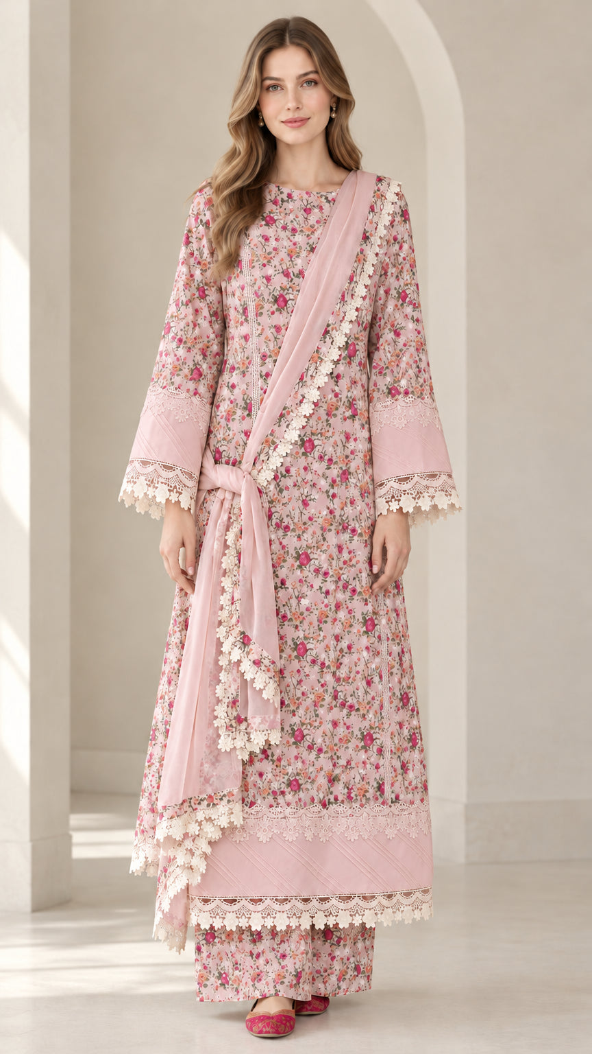 Front view of woman wearing Blush Pink floral print 3-piece tunic and pant set