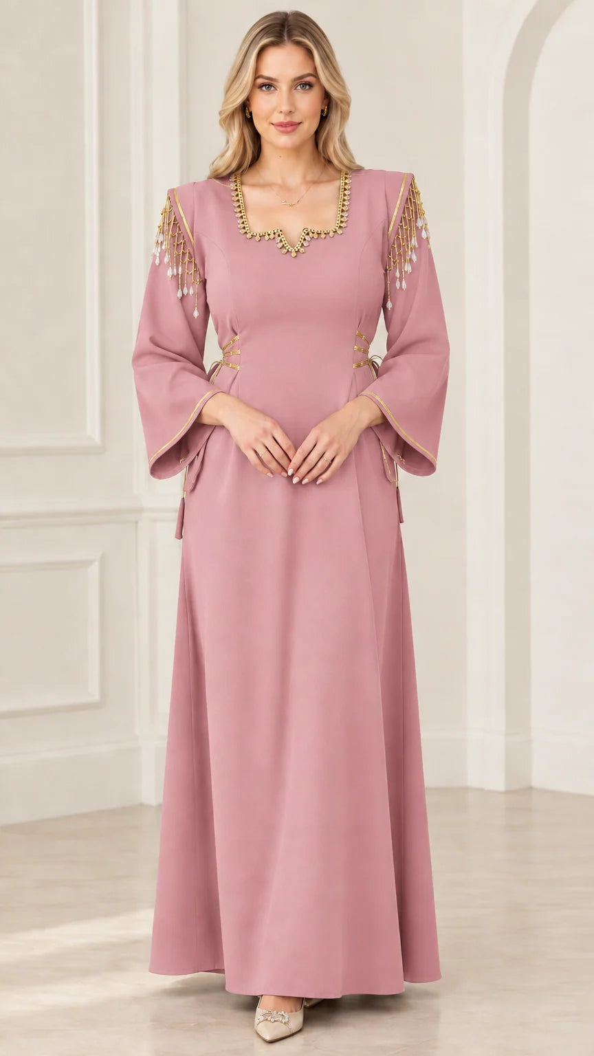 Front view of dusty pink beaded fringe shoulder maxi dress