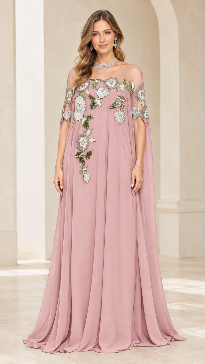 Dusty pink embroidered chiffon cape sleeve maxi gown
