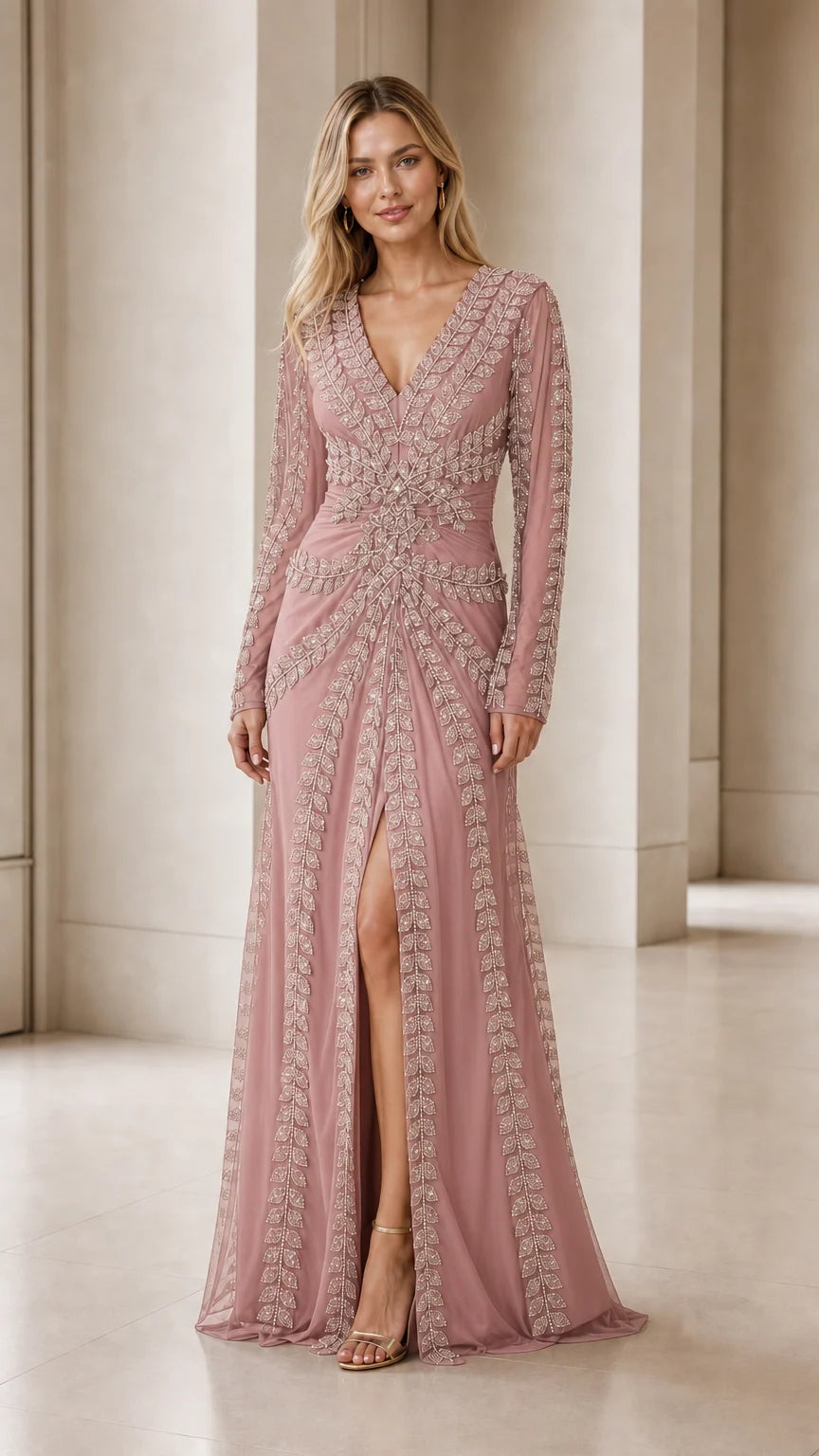 Model wearing dusty rose beaded evening gown with front slit