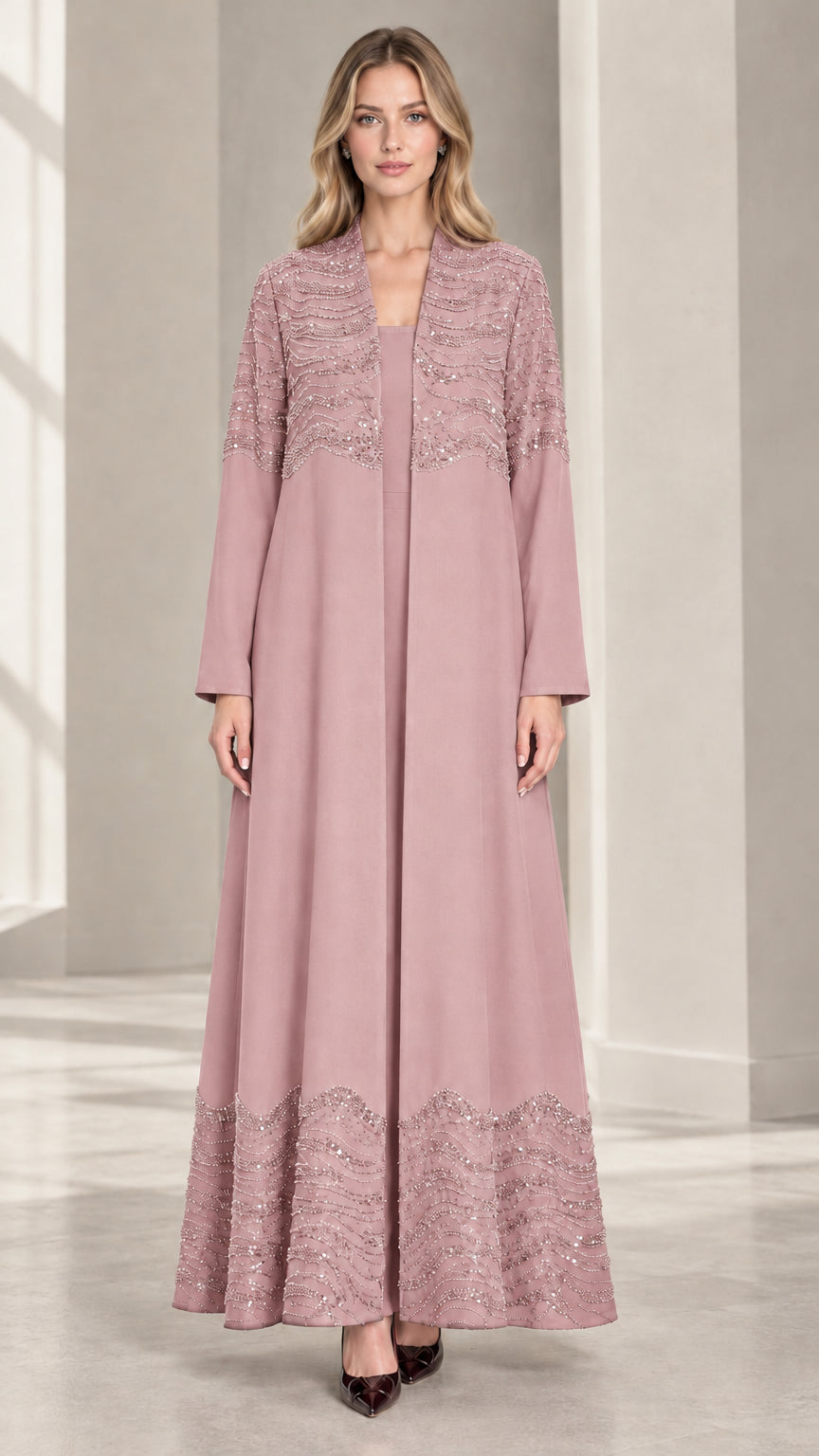 Front view of woman wearing Dusty Rose sequined embroidered evening maxi dress set