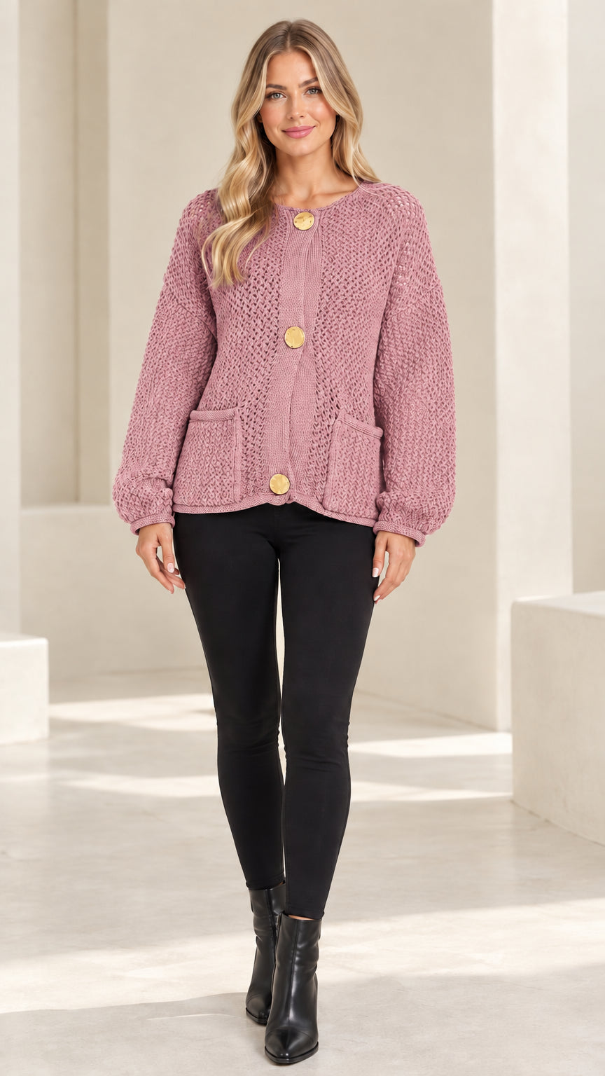 Full-length front view of dusty pink textured knit cardigan with statement gold buttons