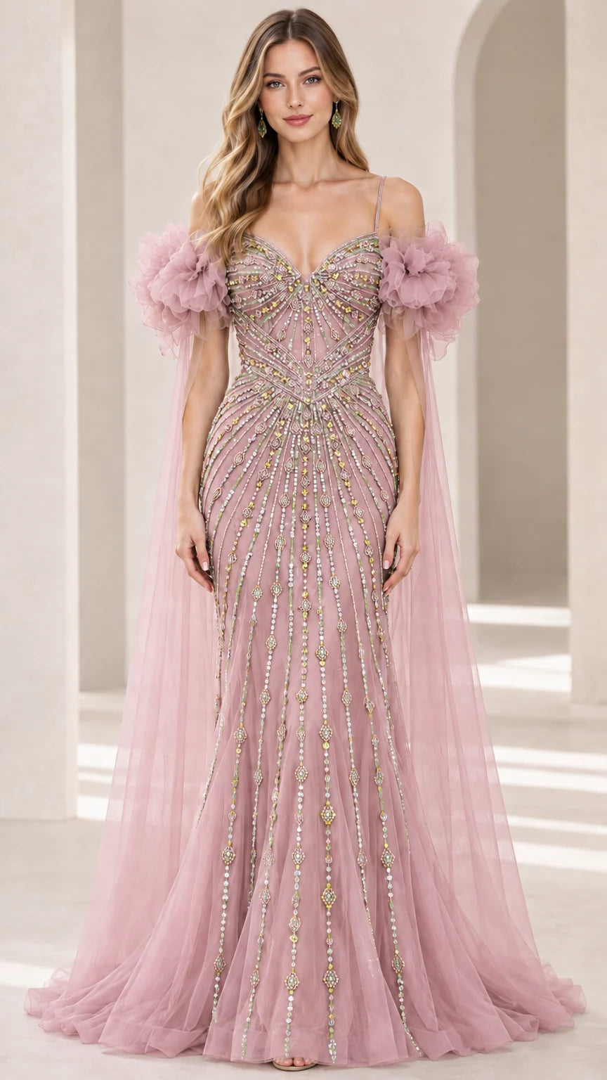 Front view of dusty pink beaded sweetheart formal dress with pink cape drapes