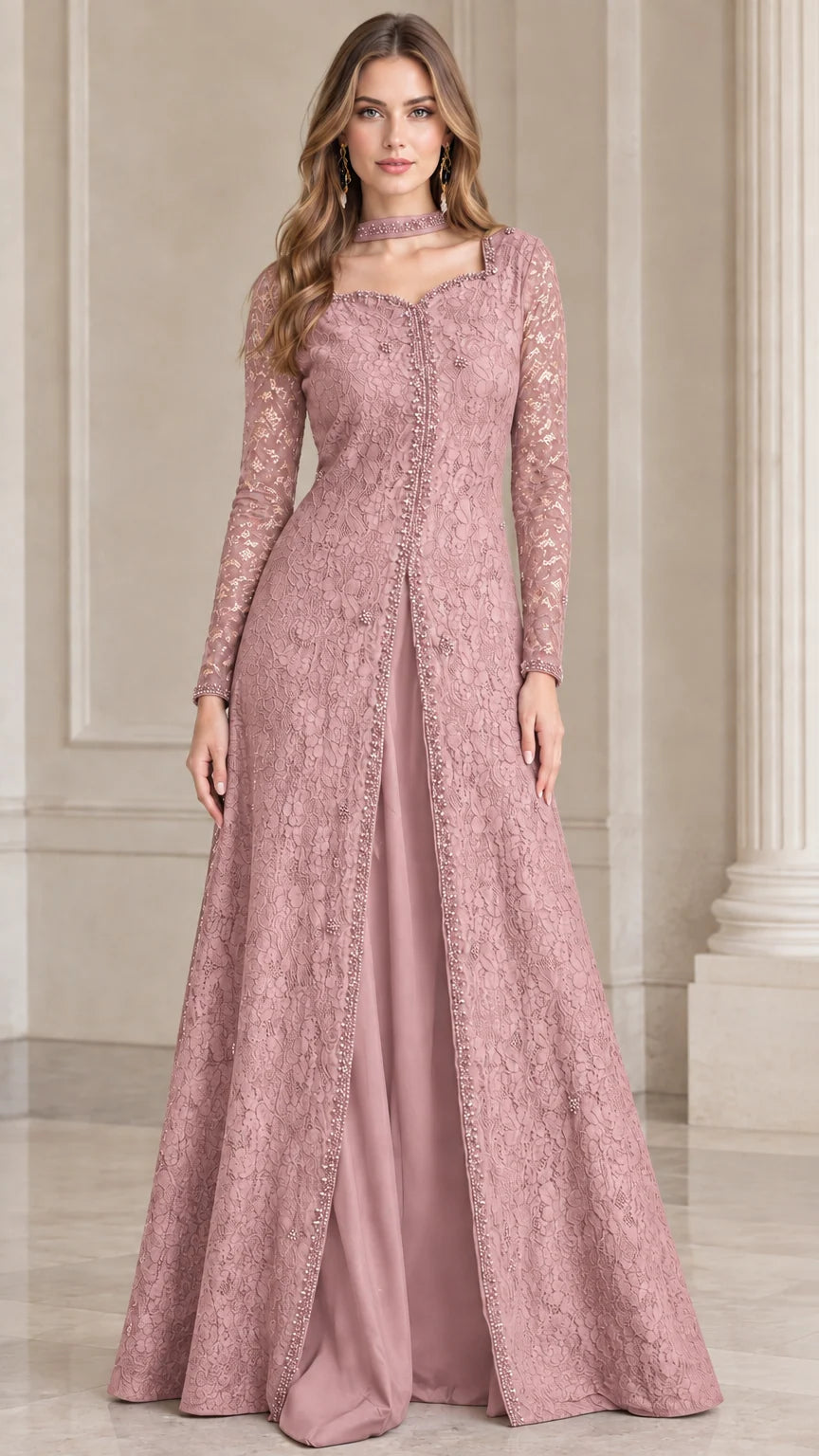 Dusty rose beaded lace overlay formal evening gown