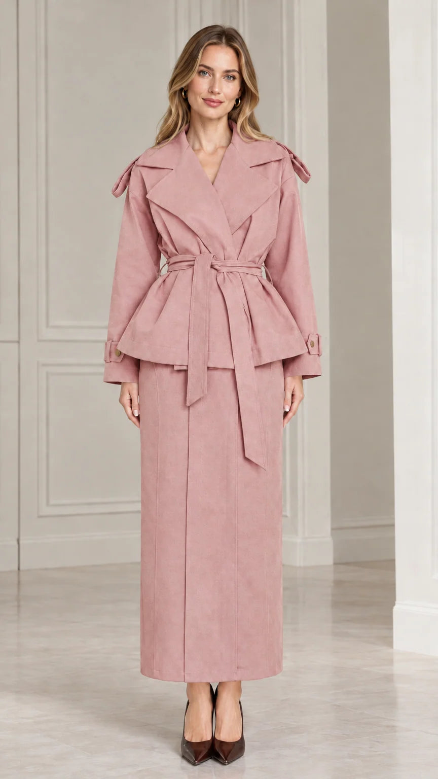 Front view of model wearing dusty pink belted peplum jacket and maxi skirt set