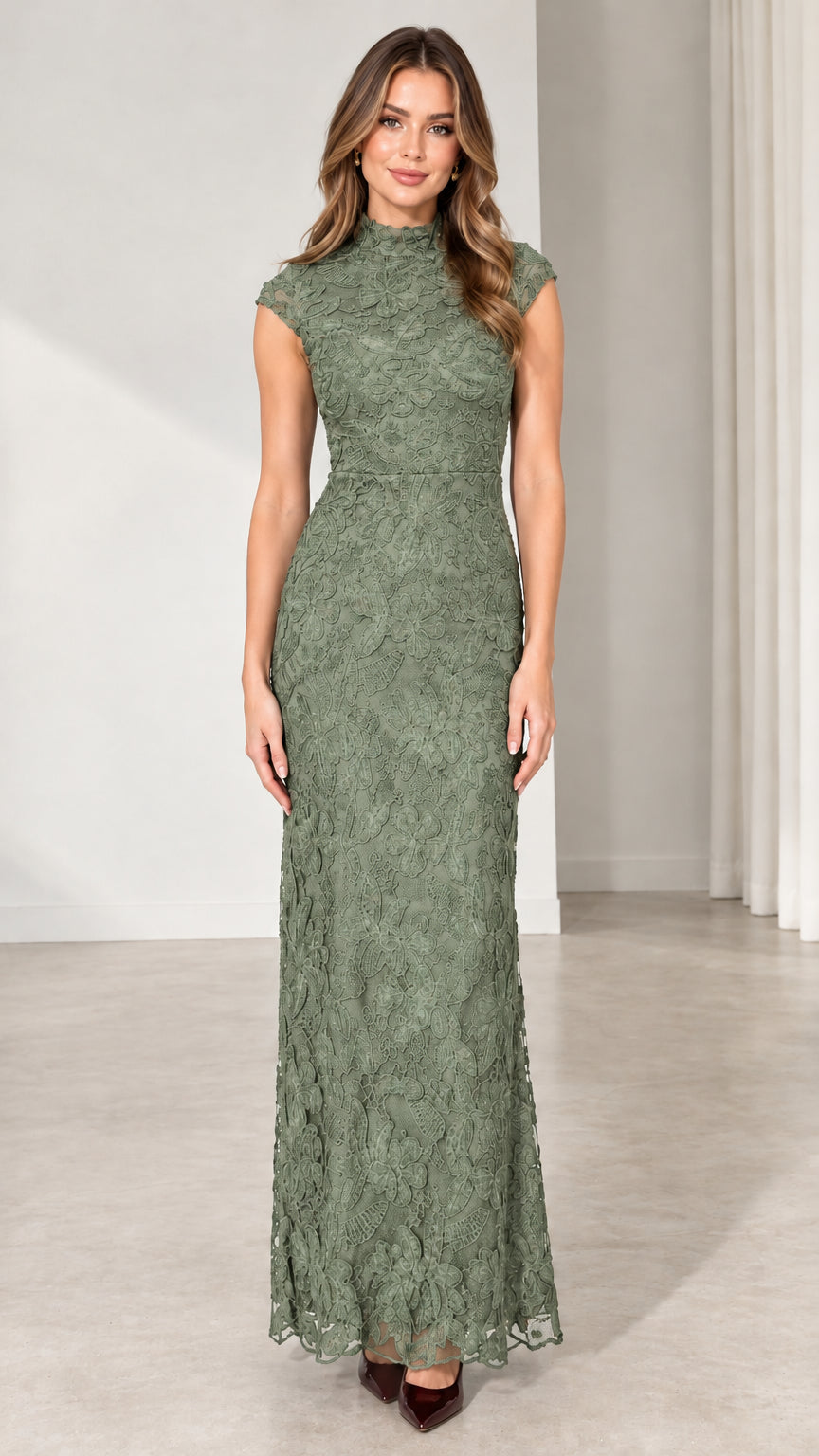Front view of model wearing Sage Green high-neck formal lace dress