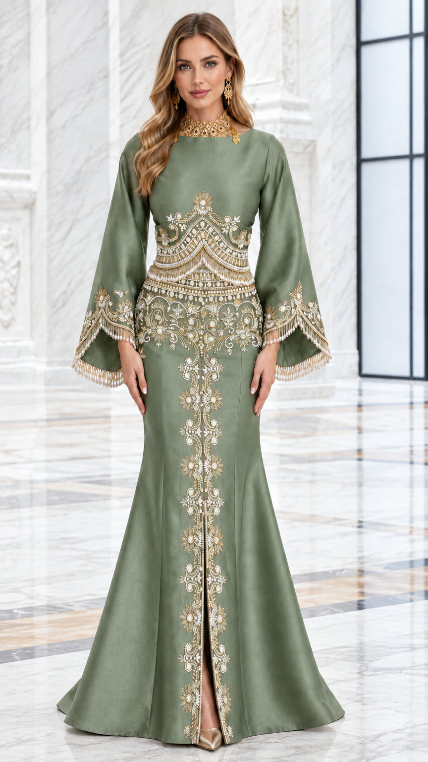 Sage green embellished mermaid evening gown shown from the front