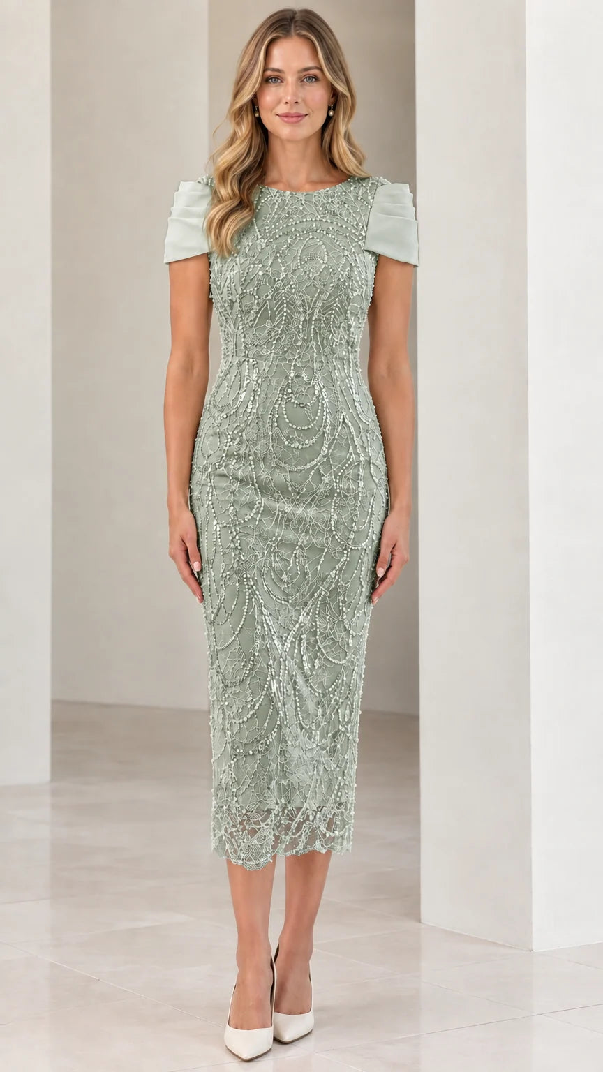Front view of woman wearing Sage Green beaded cocktail sheath dress