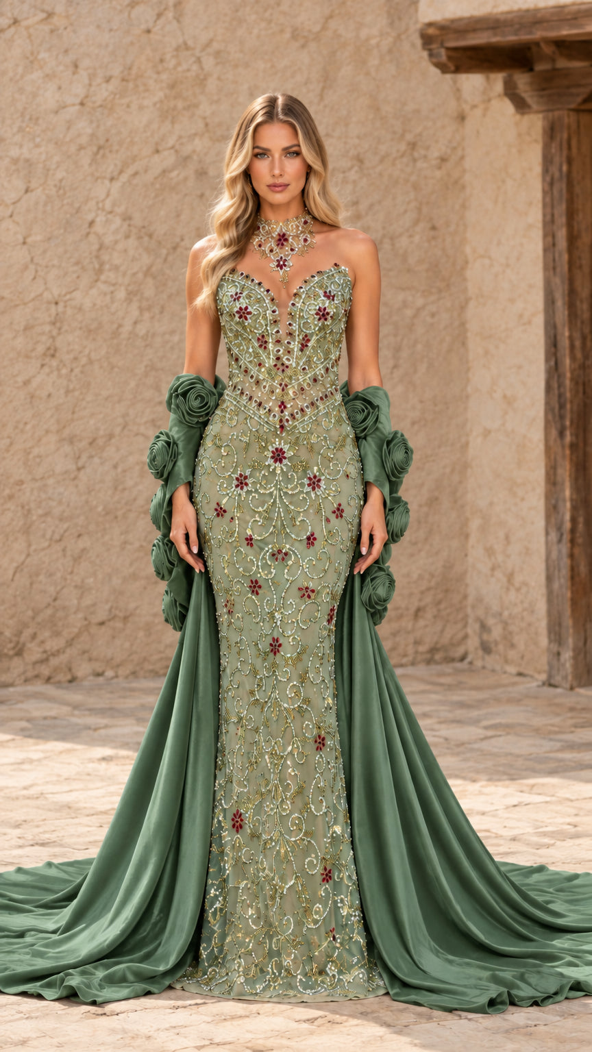 Front view of sage green beaded evening gown with matching green rosette train