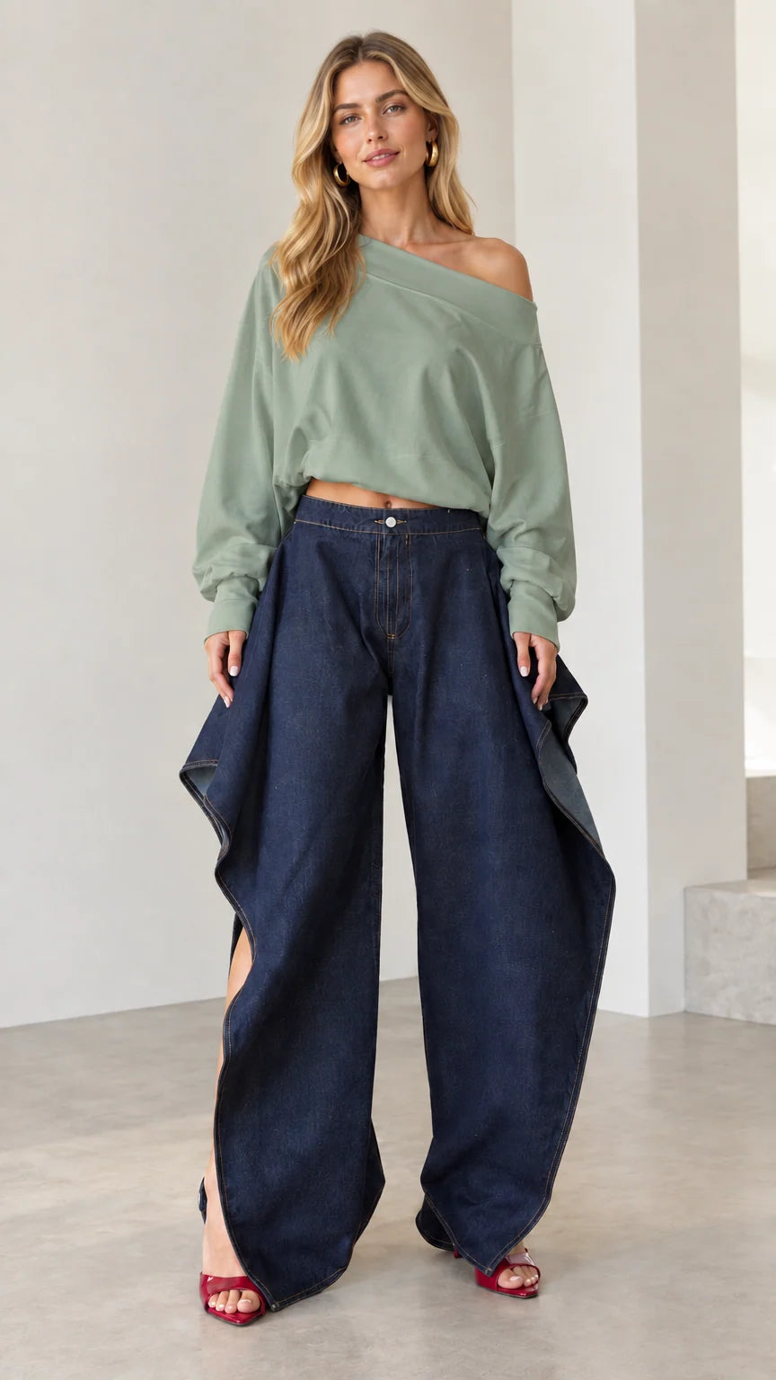 Full front view of dark blue wide-leg draped jeans styled with a sage green off-shoulder sweatshirt