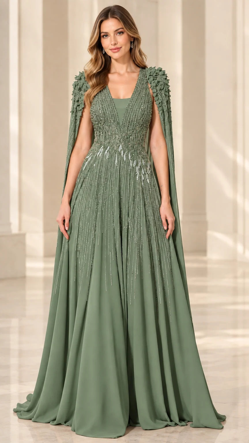 Sage green beaded formal gown with sweeping cape sleeves