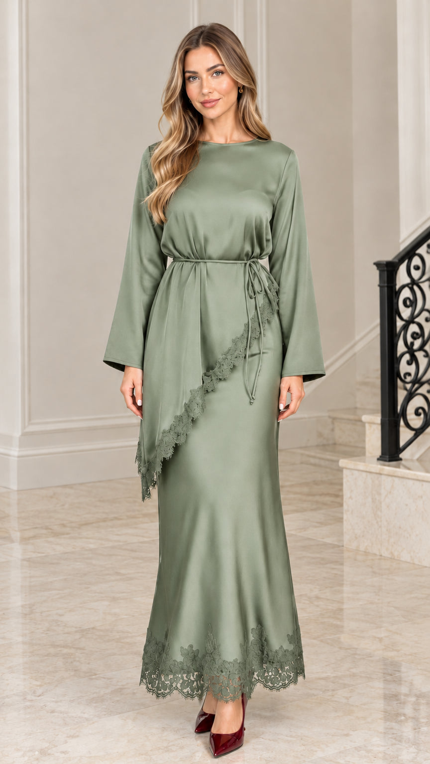 Sage green silky long sleeve maxi dress with lace trim