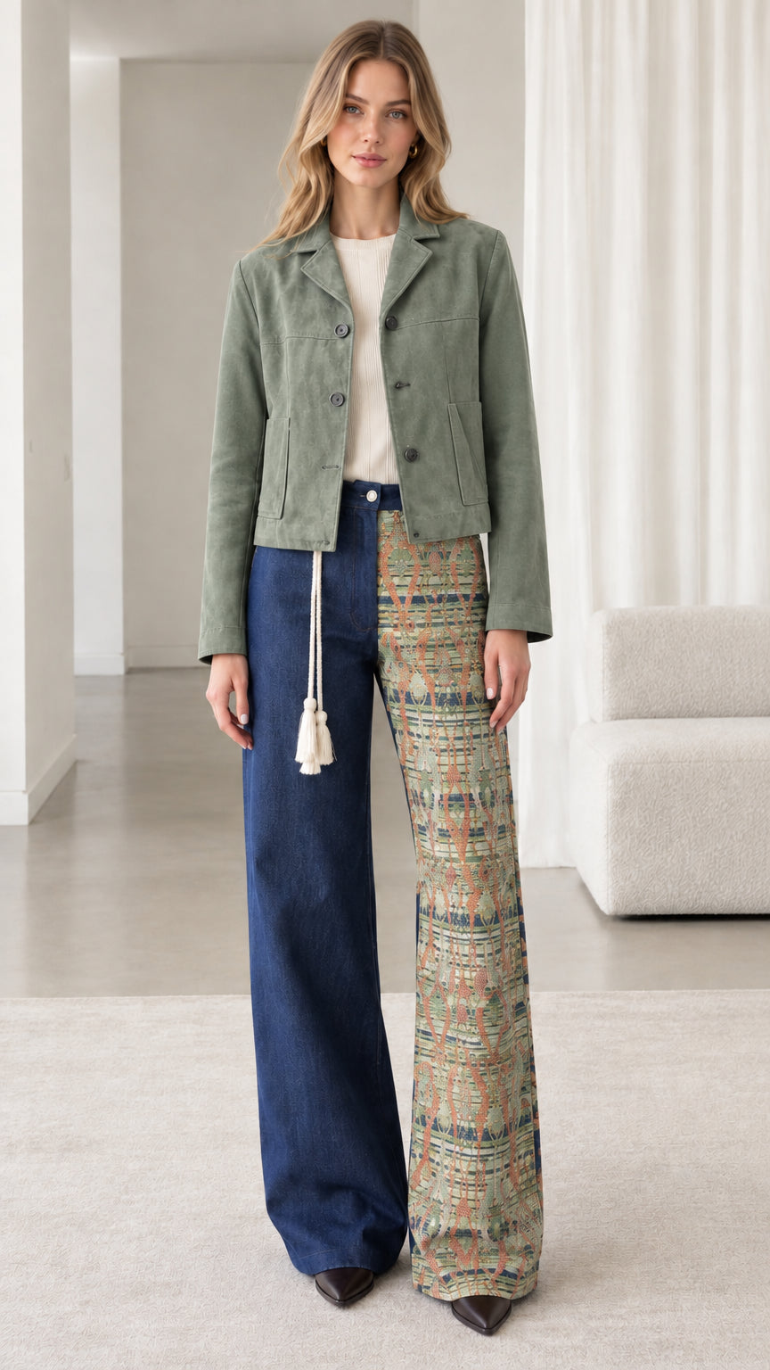Model wearing sage green cropped button-down jacket
