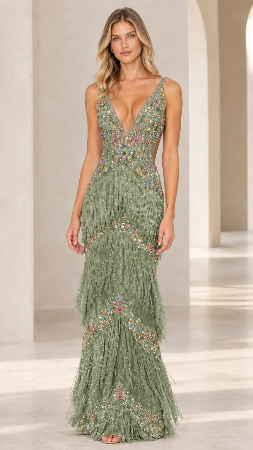 Sage green beaded evening gown with tiered fringe and open back
