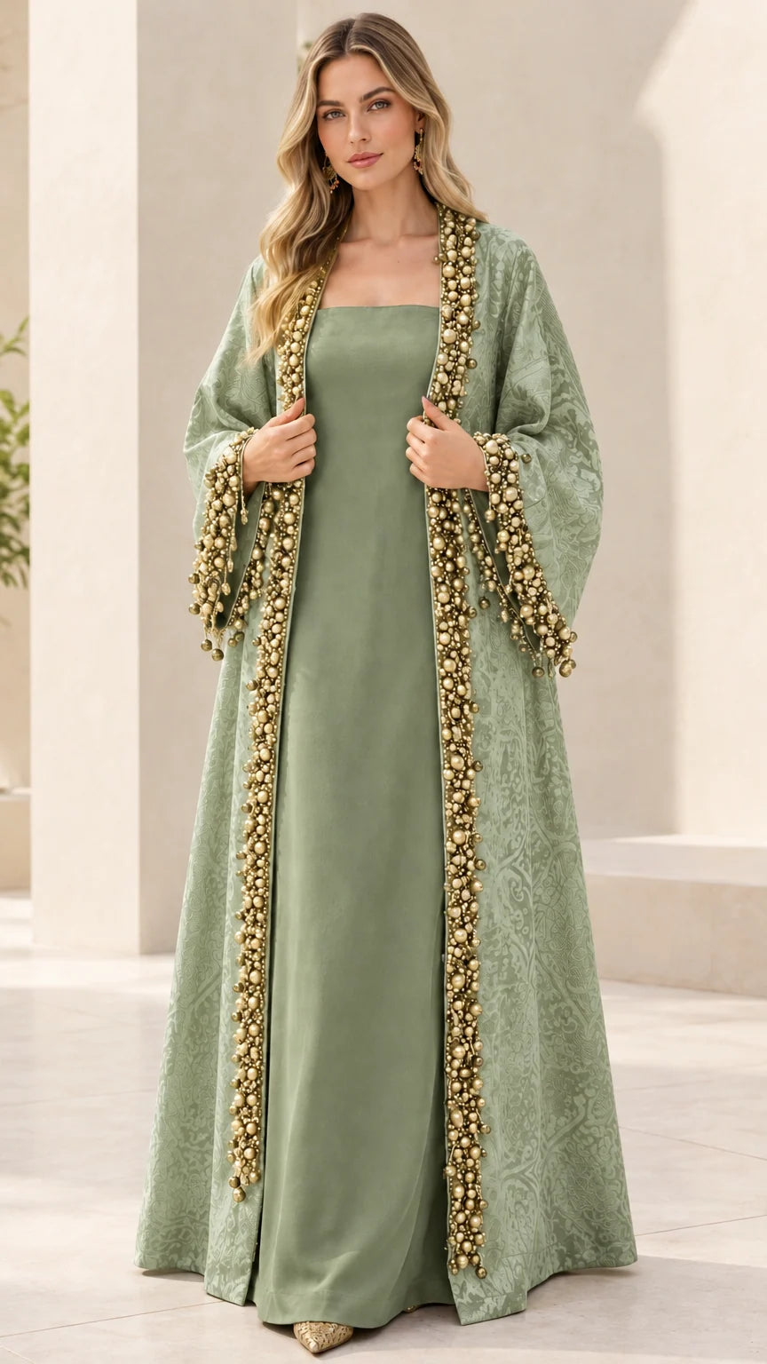 Model wearing Sage Green elegant jacquard abaya set with pearl-beaded borders