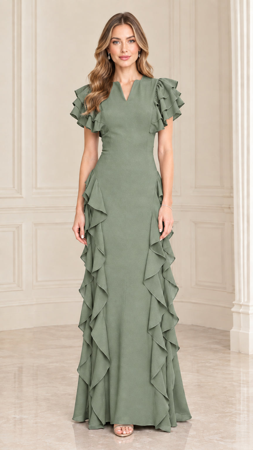 Front view of sage green tiered flutter sleeve cascading ruffle evening gown