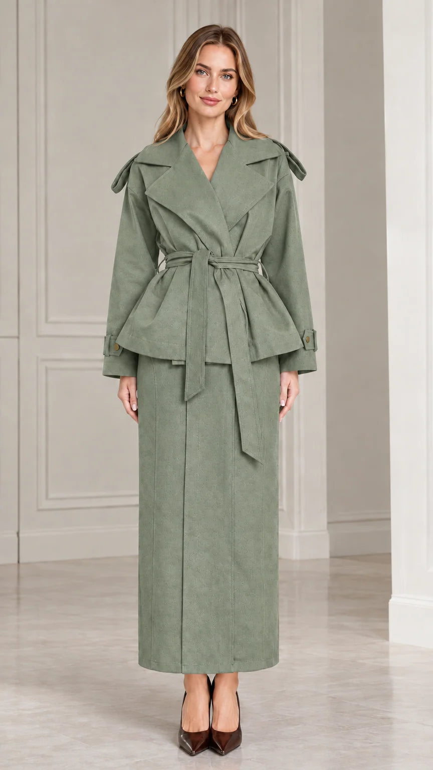 Front view of model wearing sage green belted peplum jacket and maxi skirt set