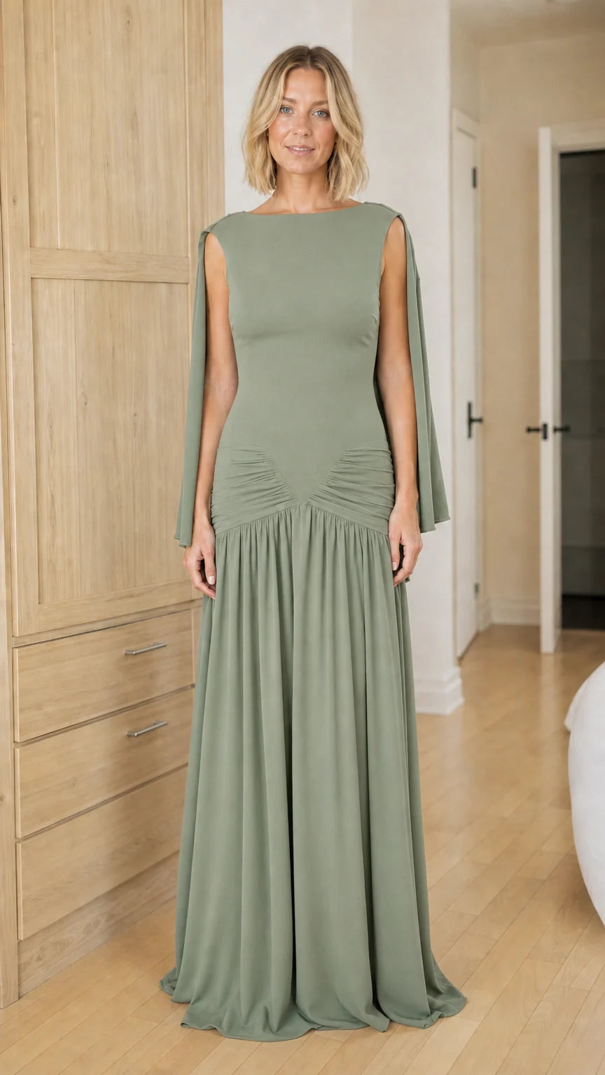 Front view of woman wearing sage green occasion maxi dress