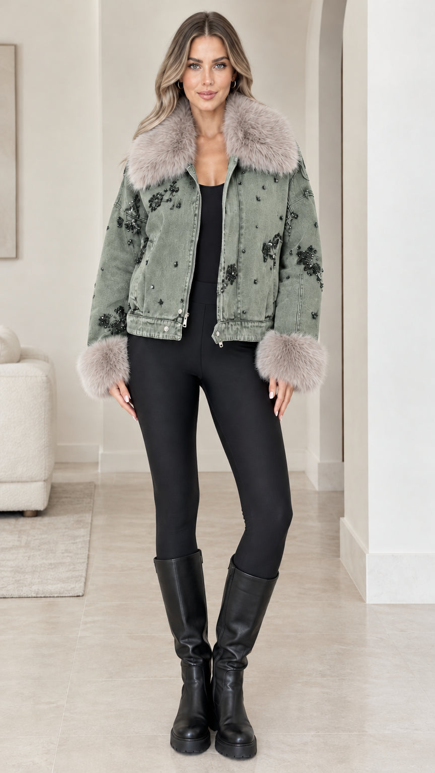 Front view of model wearing Sage Green beaded denim jacket with fur cuffs