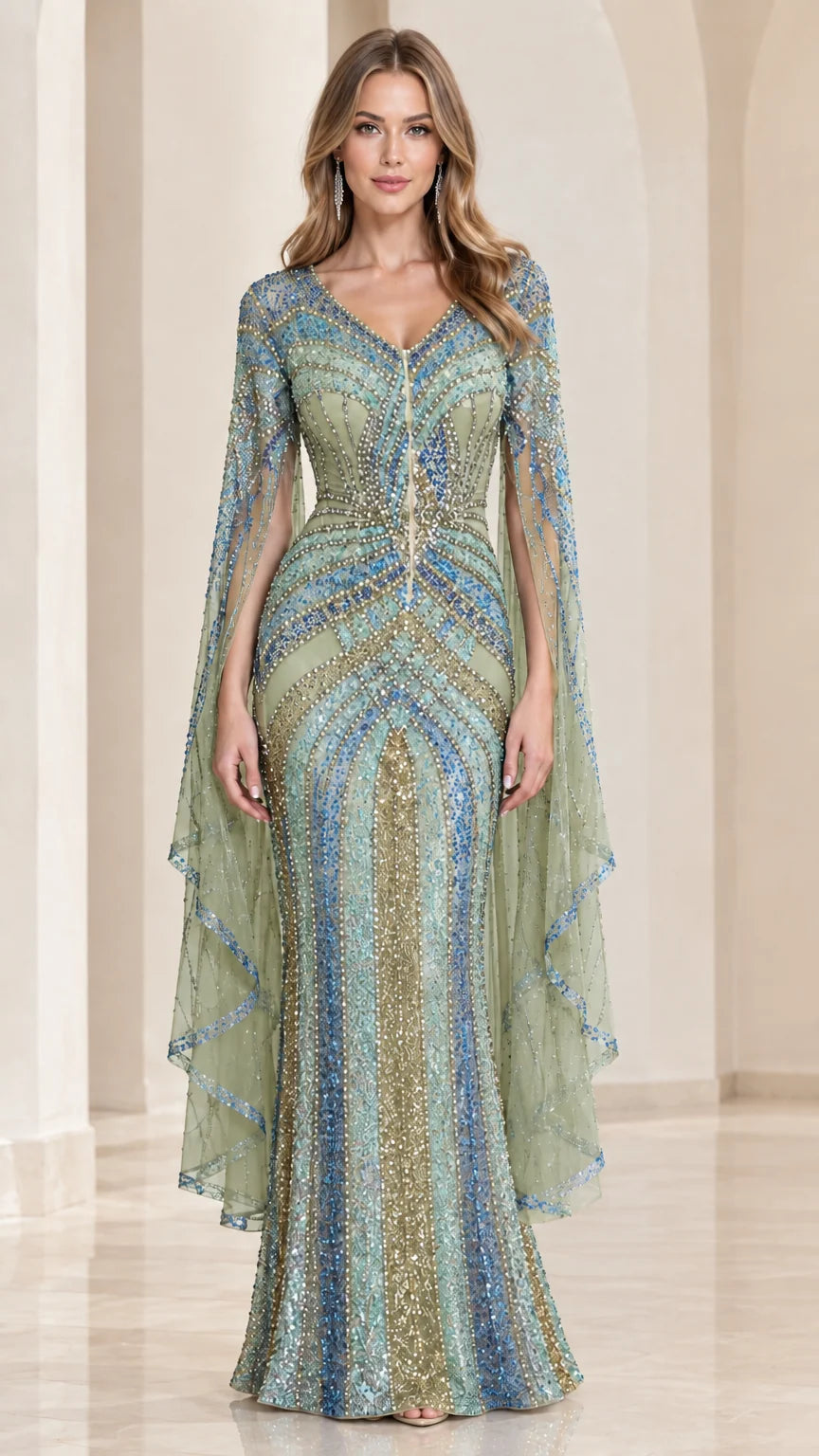 Sage Green geometric sequin beaded formal gown on model