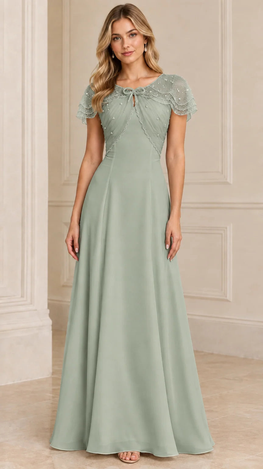 Sage green beaded capelet A-line evening gown