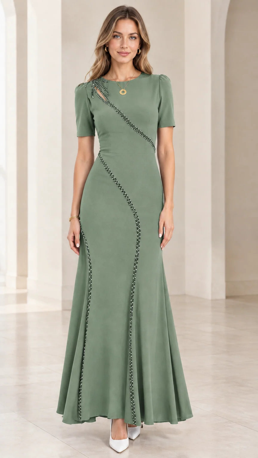 Front full-length view of sage green beaded cutout mermaid maxi gown