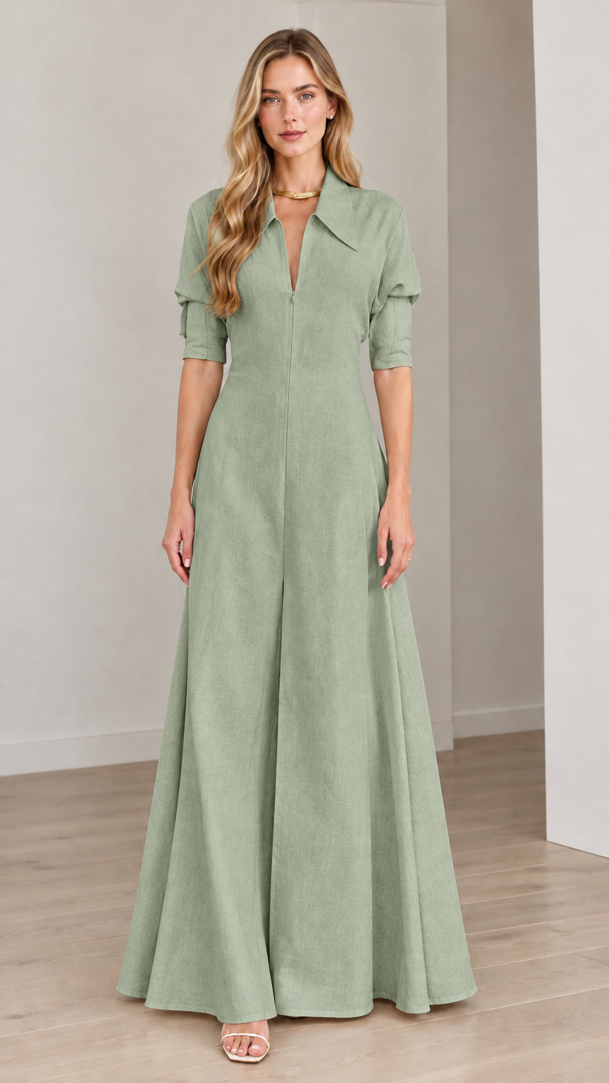 Front view of model wearing a Sage Green collared wide-leg maxi jumpsuit