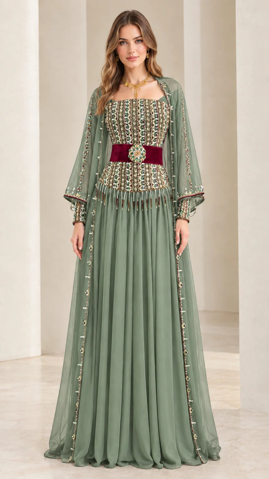 Sage green embellished bodice cape sleeve evening gown