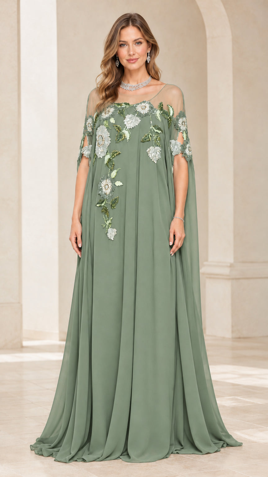 Sage green cape sleeve floral embroidered formal evening dress
