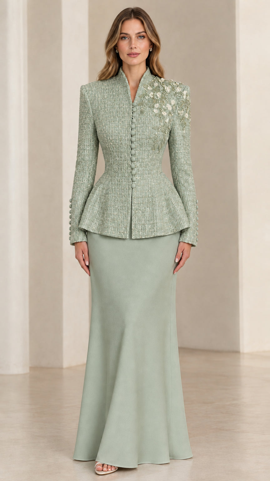 Sage green embellished peplum jacket and maxi skirt formal set