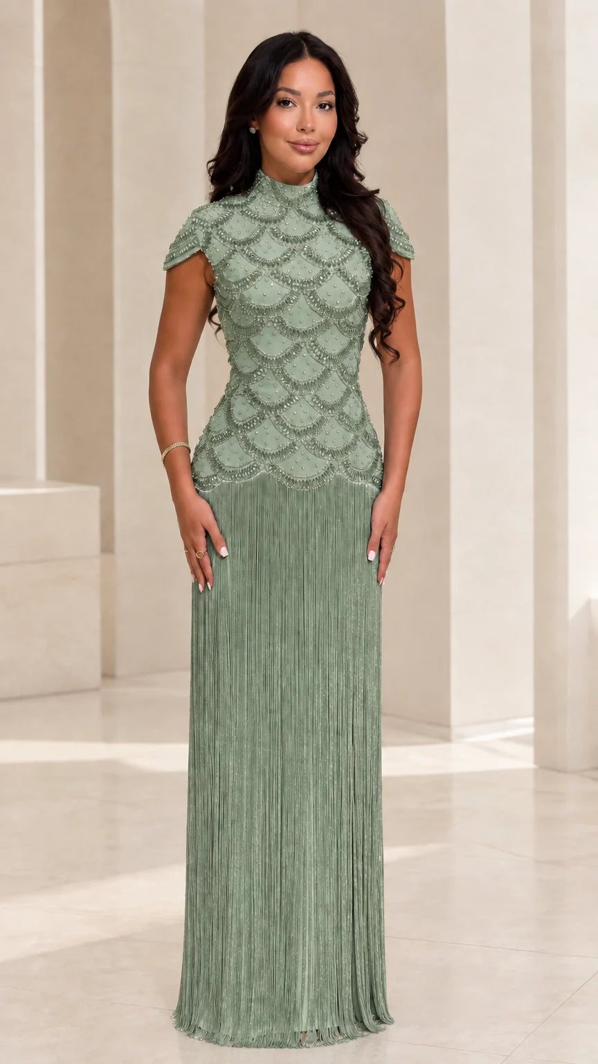 Sage Green beaded scallop bodice fringe floor length dress