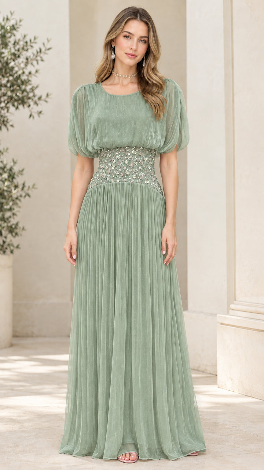 Front view of sage green pleated chiffon maxi gown with beaded floral waist