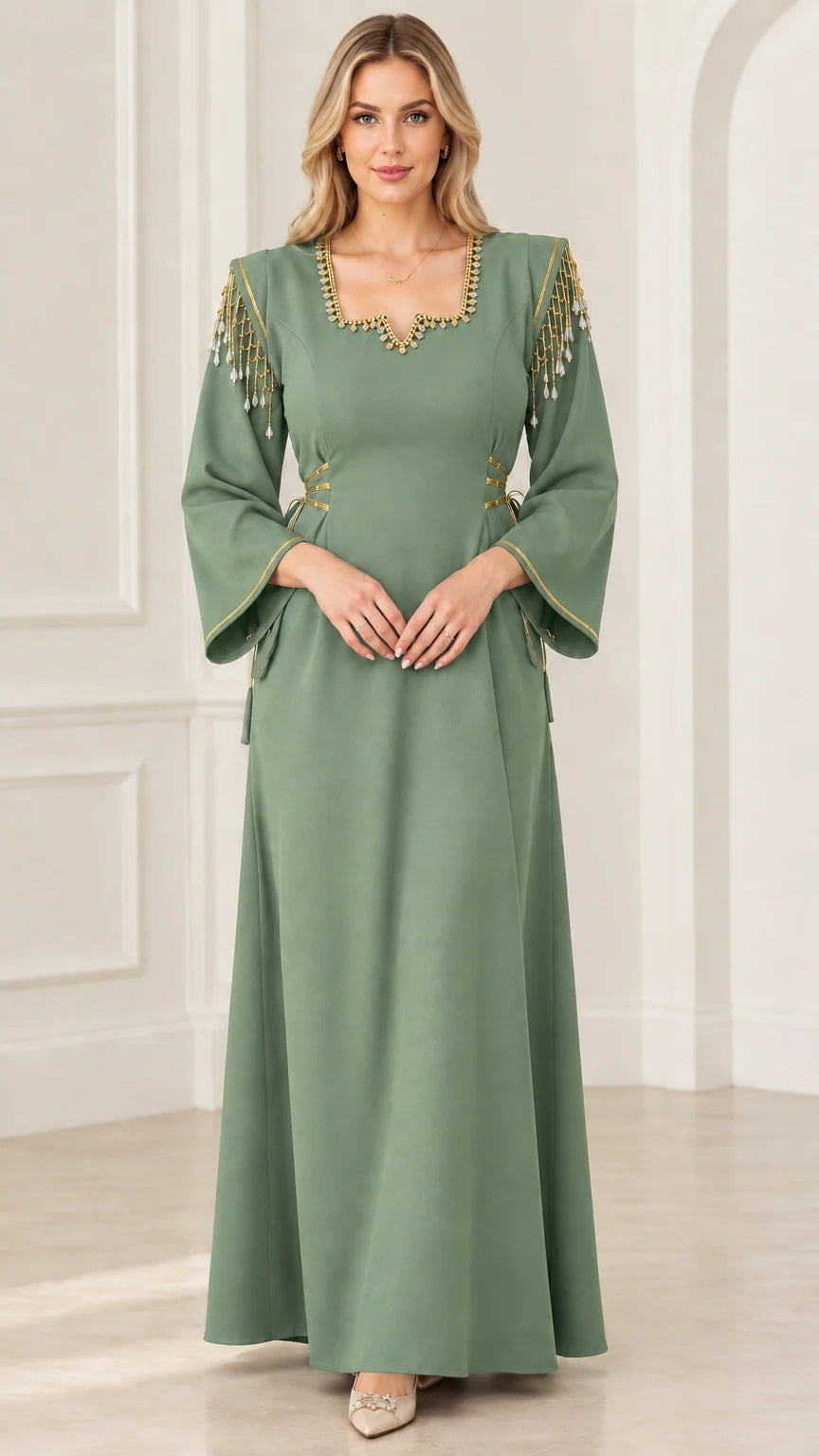 Front view of sage green beaded fringe shoulder maxi dress