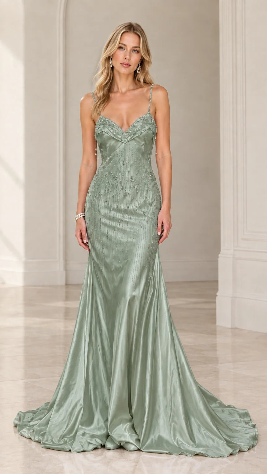 Sage green beaded satin trumpet evening dress on model