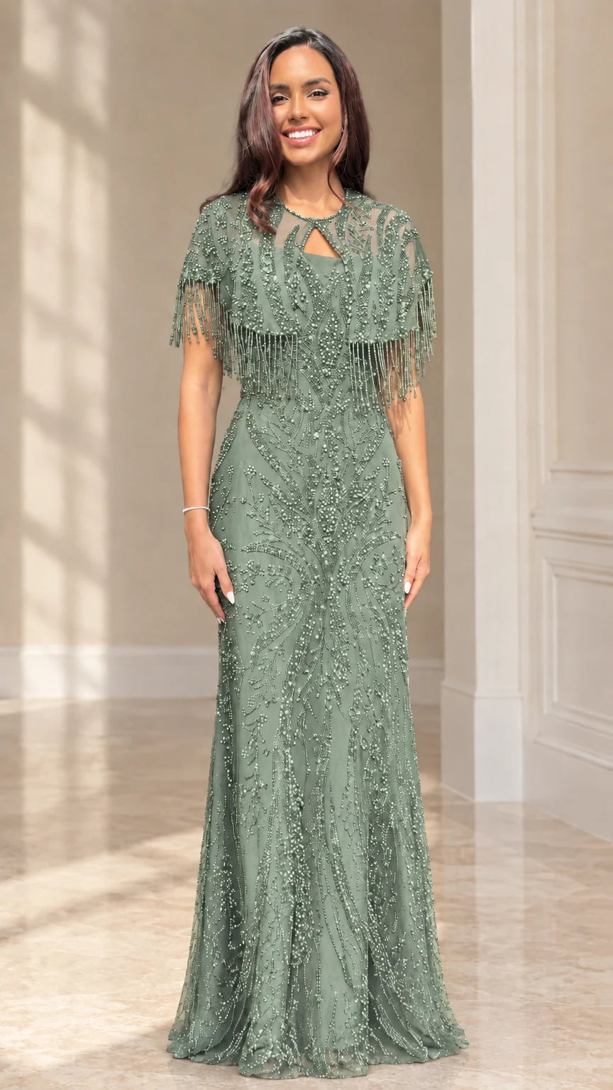 Sage green beaded floor-length evening dress with capelet overlay