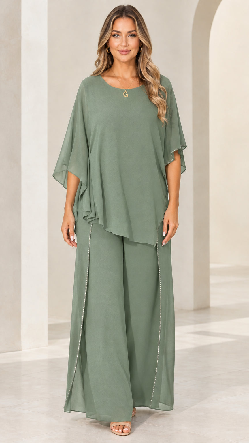 Front view of model wearing Sage Green elegant layered chiffon pant set