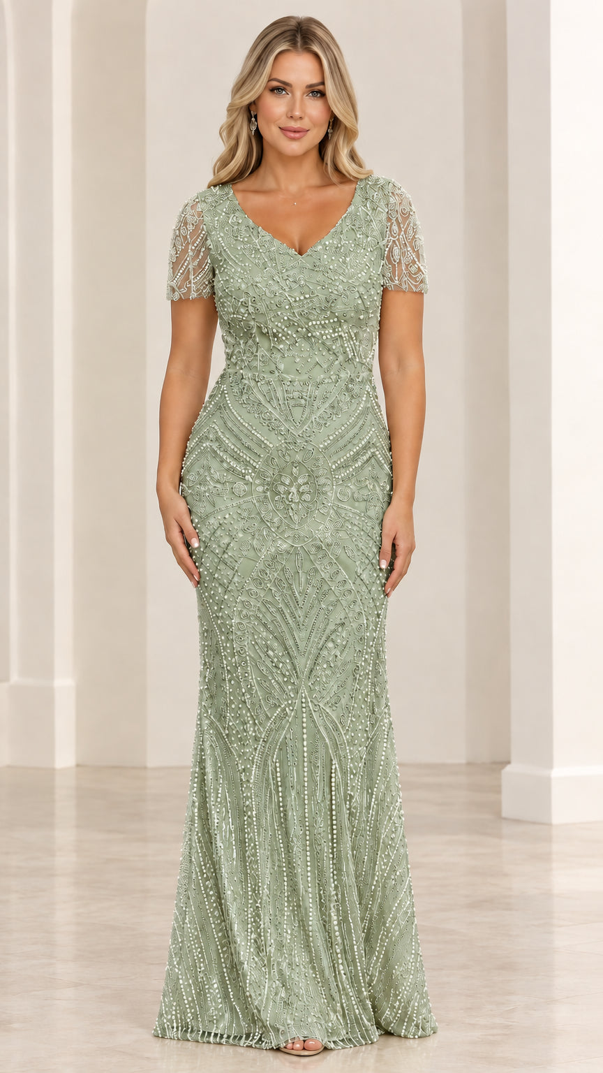 Front view of sage green beaded V-neck evening gown