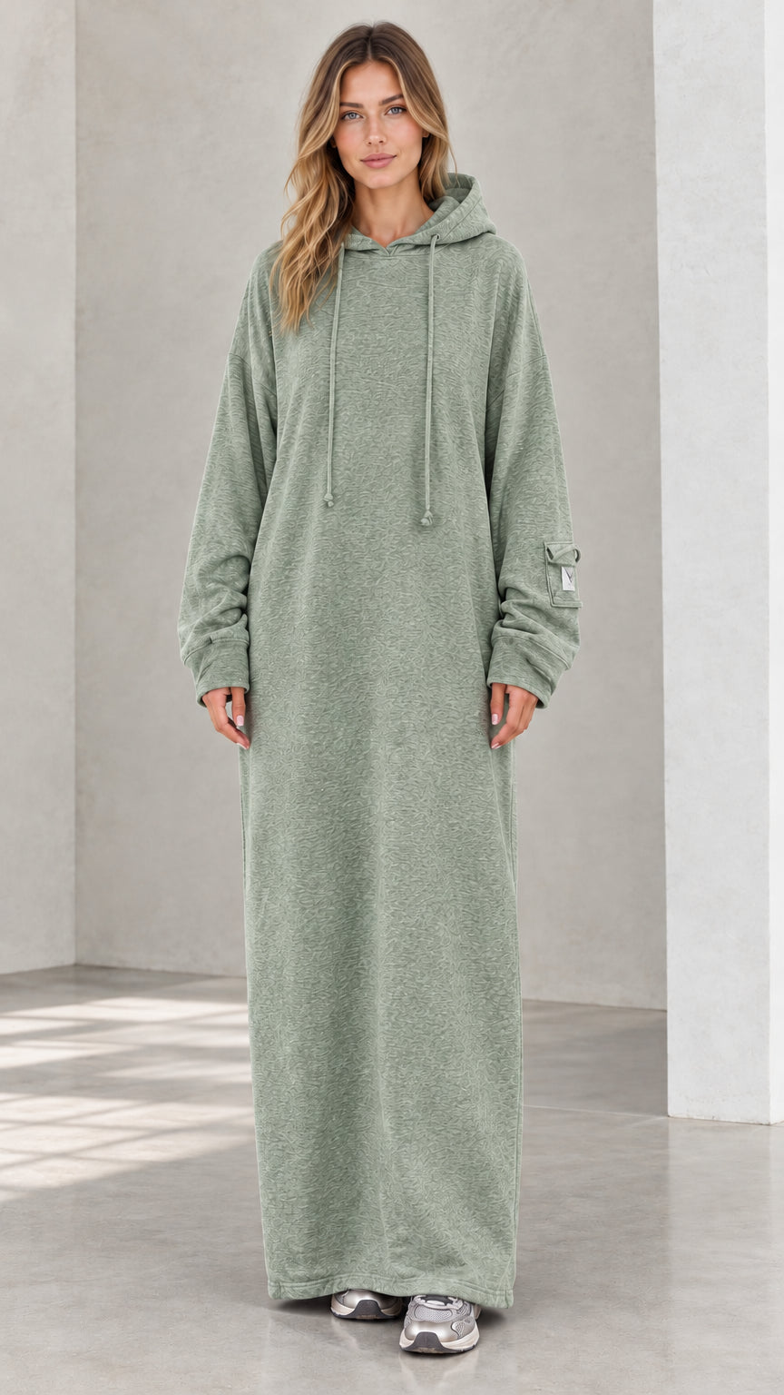Front view of model wearing sage green oversized maxi hoodie dress