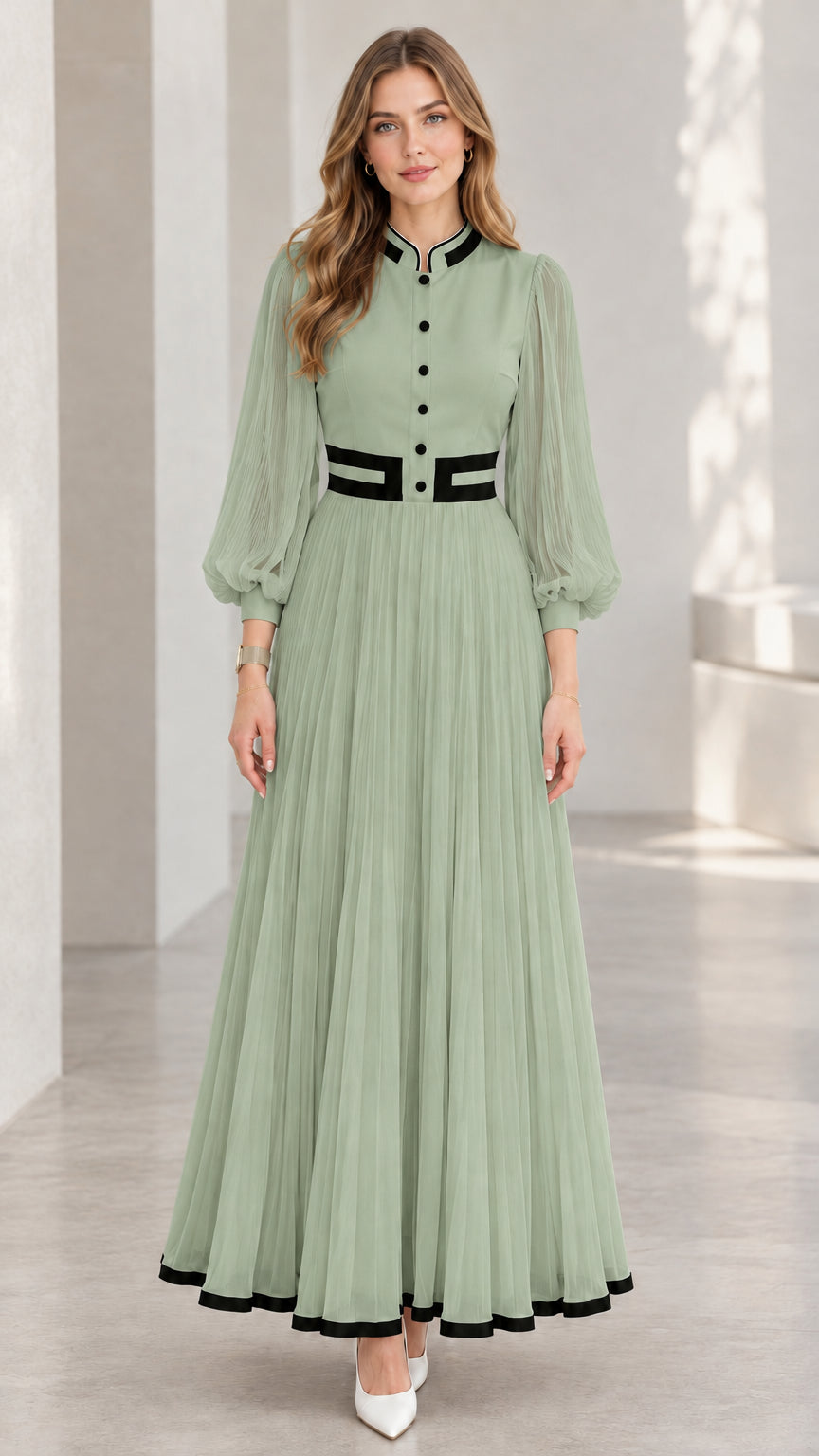 Sage green pleated lantern sleeve maxi dress with black contrast accents