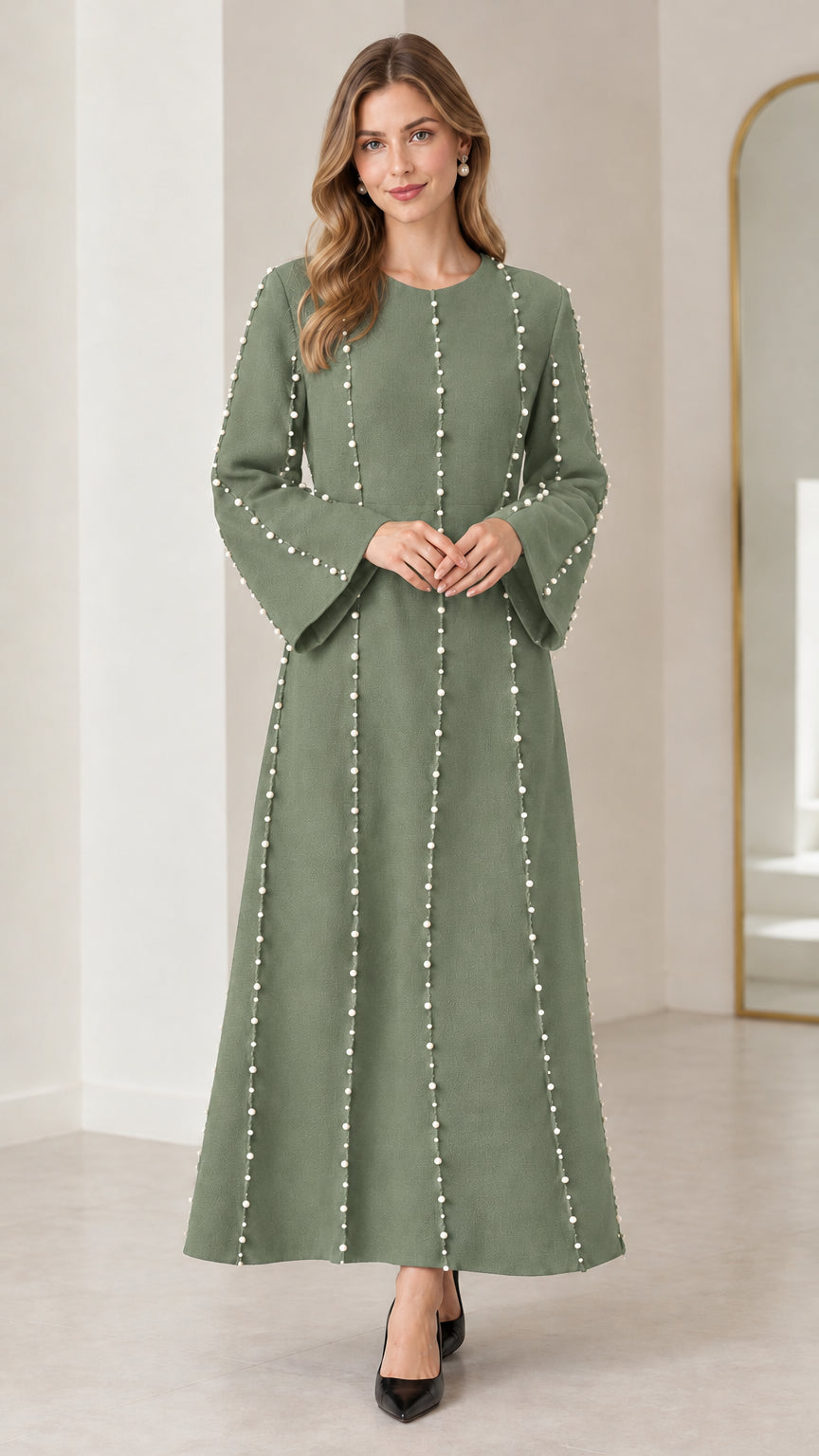 Sage green long sleeve pearl embellished maxi dress