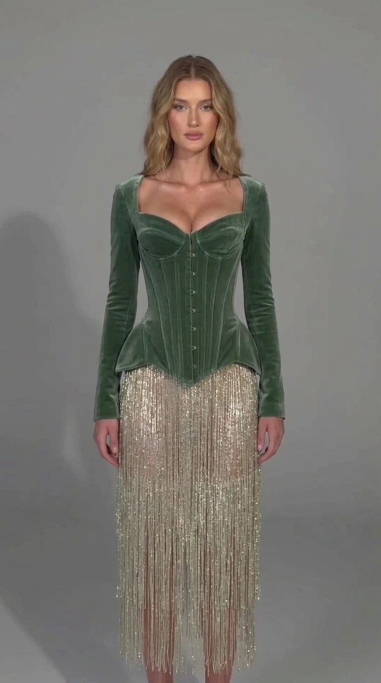 Sage green velvet corset long sleeve dress with shimmering fringe skirt