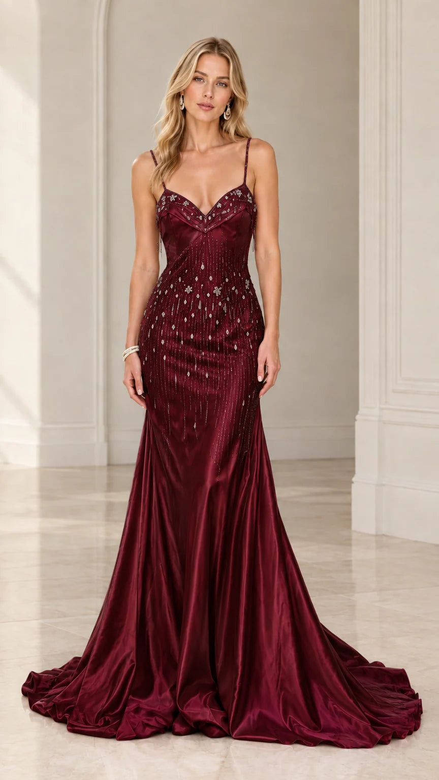 Burgundy wine red satin formal evening gown on model