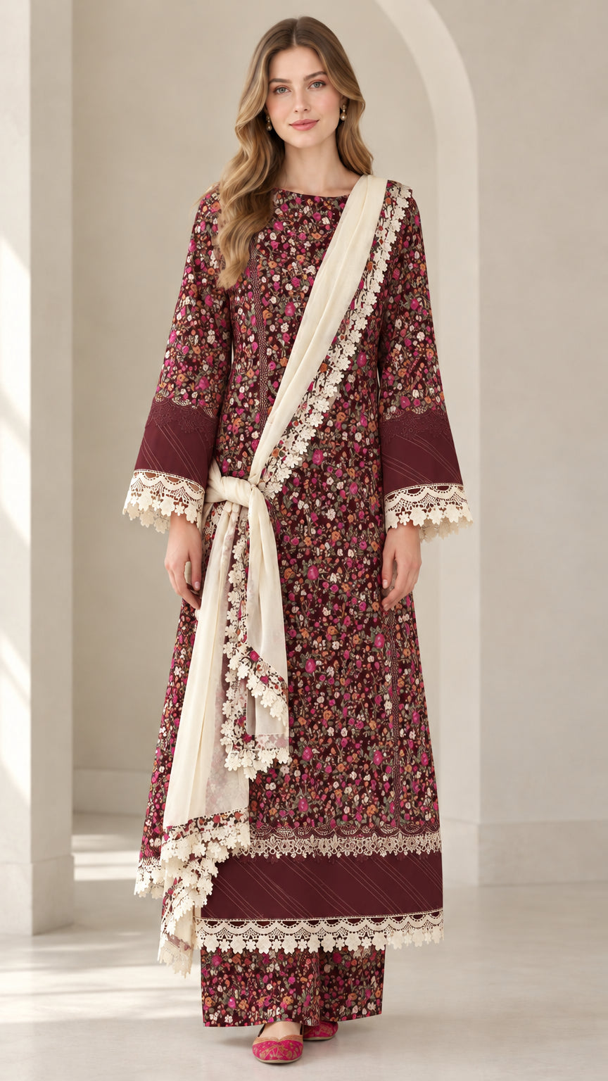 Front view of woman wearing Burgundy floral print 3-piece tunic and pant set
