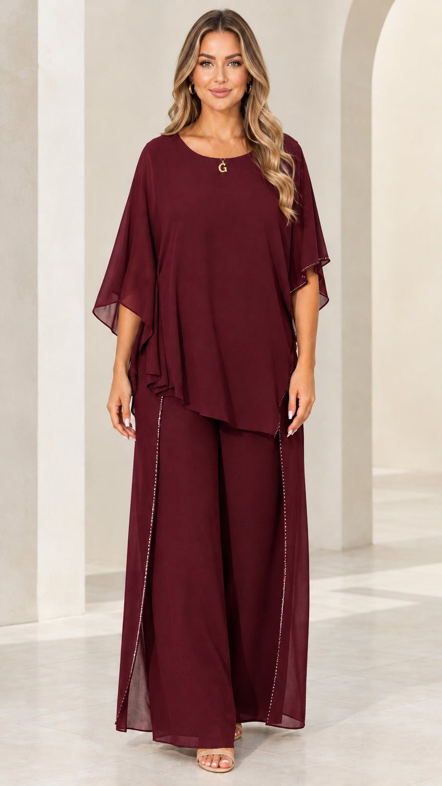Front view of model wearing Burgundy wine red chiffon formal 2-piece pant set