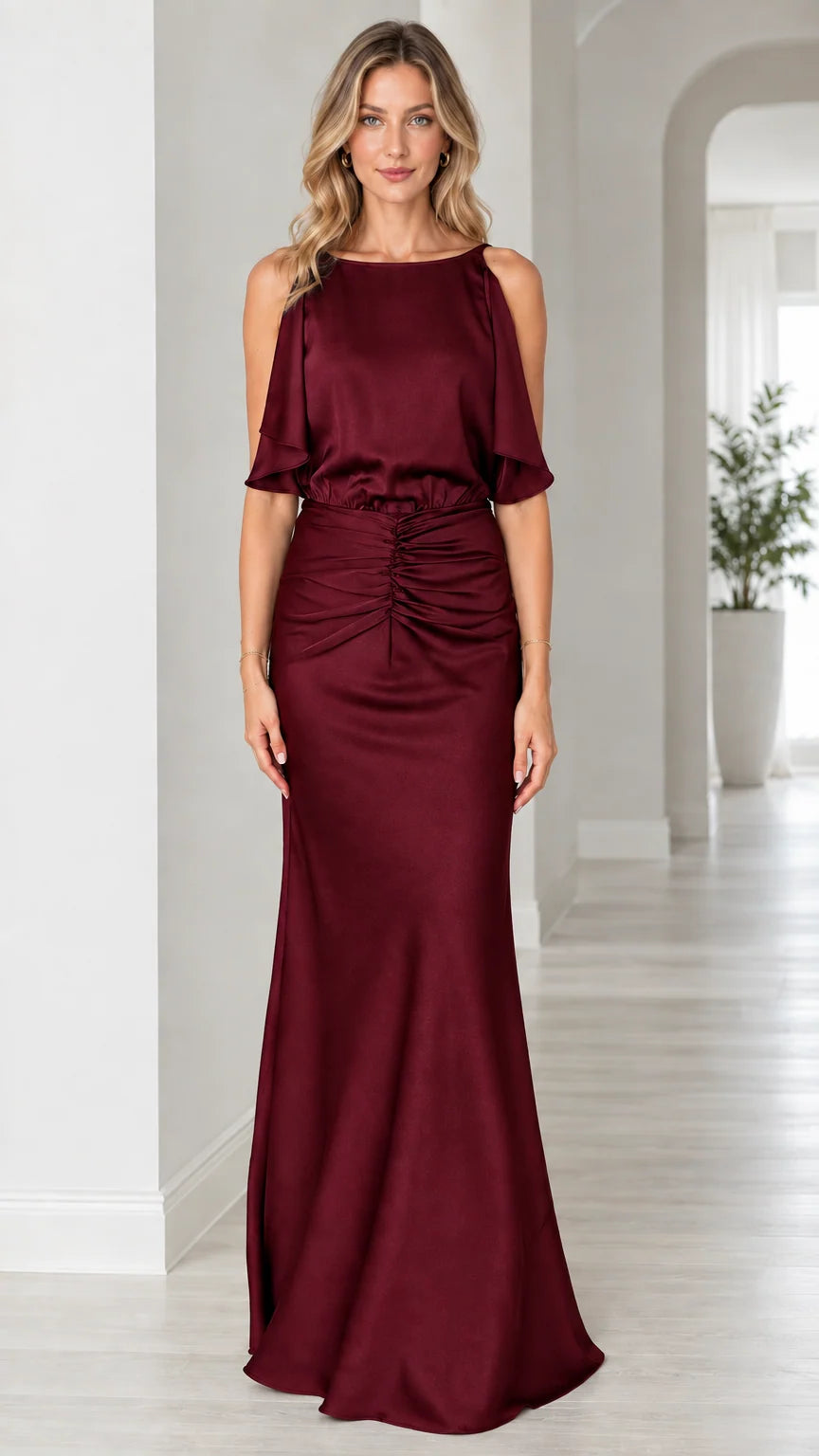 Front view of model wearing burgundy wine satin open back maxi dress