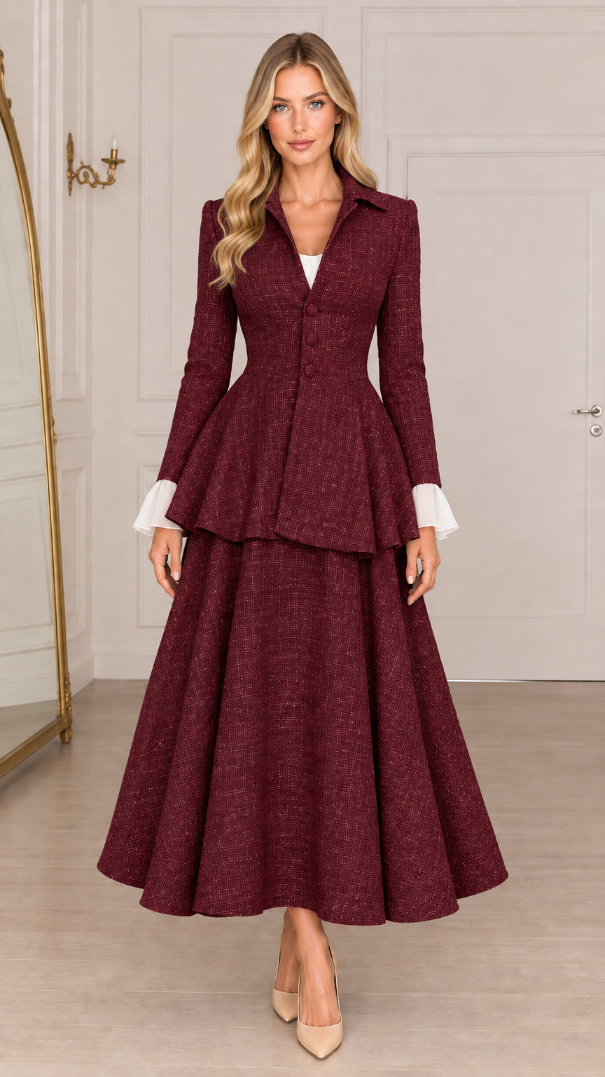 Burgundy wine red tweed peplum maxi dress front view