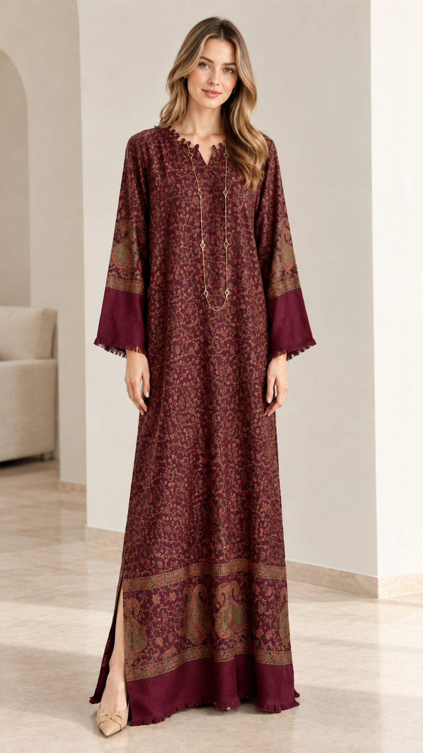 Full-length view of floral print kaftan maxi dress in rich burgundy red